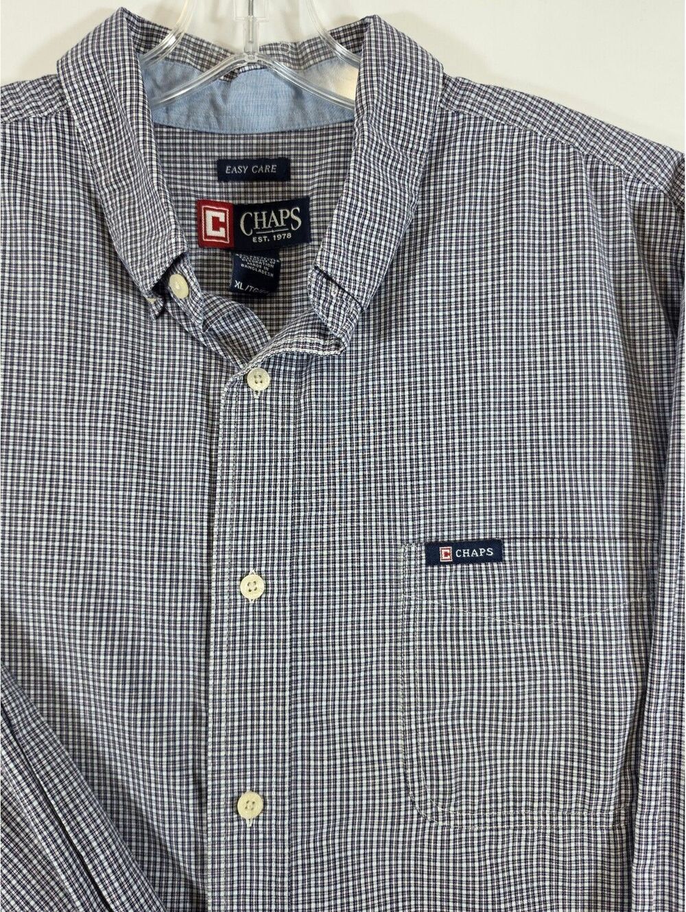 Chaps Men's XL Easy Care Button-Down Shirt Blue and White Check Cotton Blend